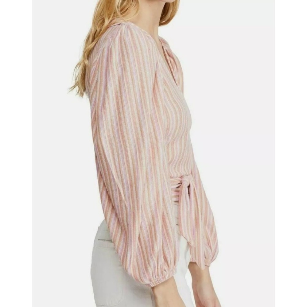 Free People Autum Nights Striped Top Tie Back Blouse Ballon Sleeve Multi Large